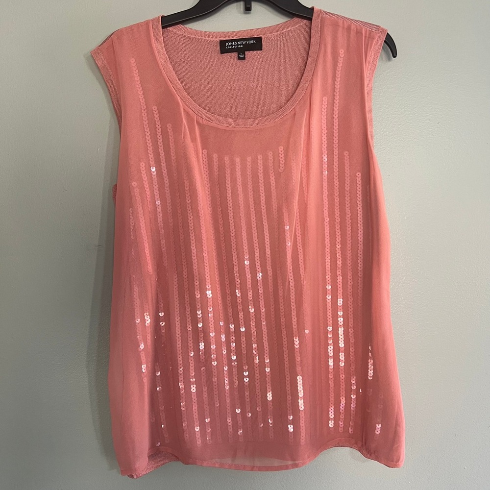 Jones New York Collection Coral Sequin Sheer Layered Tank Top‎ Large tropical